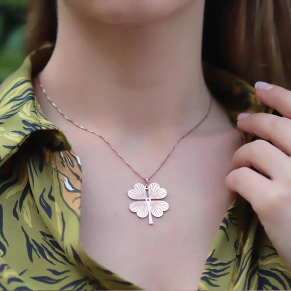 Rose Gold Kaplama Yonca Gümüş Kolye - Resim 3