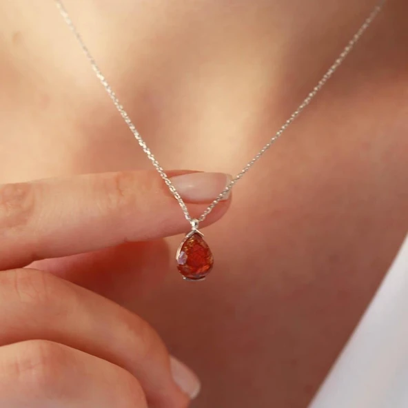 Garnet Taşlı Damla Model Gümüş Kolye - Resim 2