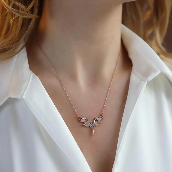 Mikail Meleği Renkli Zirkon Taşlı Rose Gold Kaplama Gümüş Kolye ürün görseli 1
