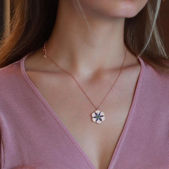 Apm Monaco Modeli Çiçek Zirkon Taşlı Rose Gold Kaplama Gümüş Kolye ürün görseli 1