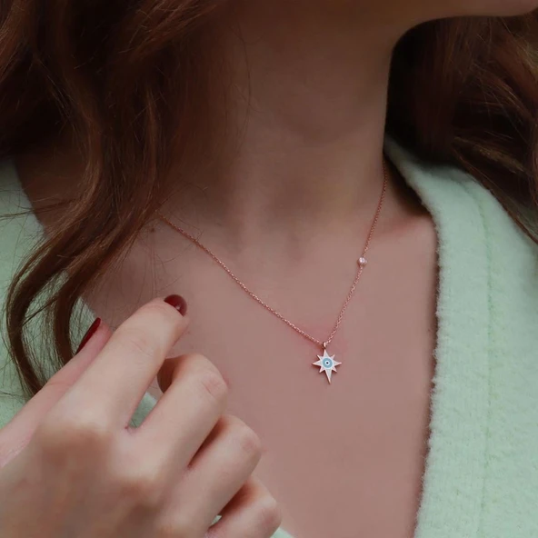 Kutup Yıldızı Figürlü Zirkon Taşlı Mine İşli Rose Gold Kaplama Gümüş Kolye ürün görseli 1