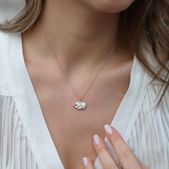 Beyaz Mine İşli Rose Gold Kaplama Bereket Fili Gümüş Kolye ürün görseli 1