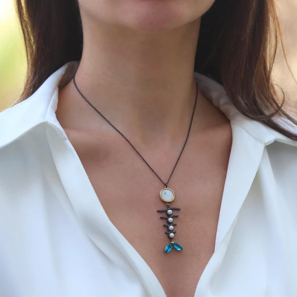 Balık Aquamarine İncili Oksitli Gümüş Kolye ürün görseli 1