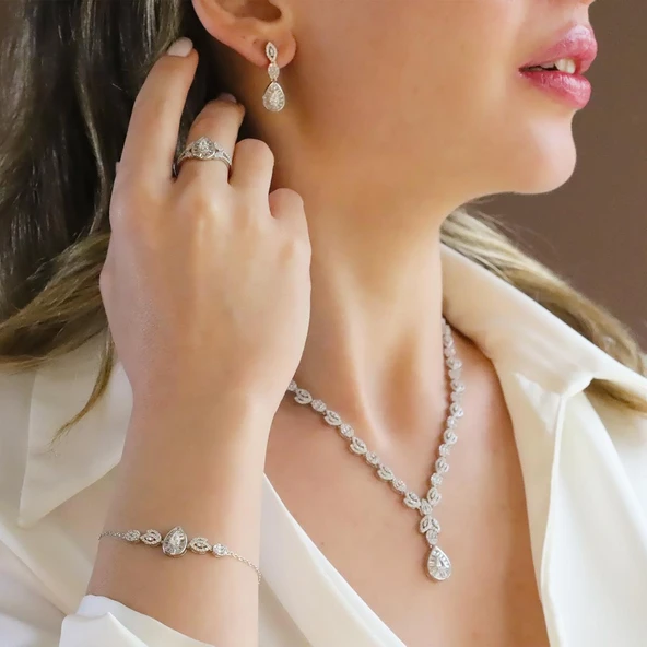Damla Başak Modeli Zirkon Taşlı Gümüş Set ürün görseli 1