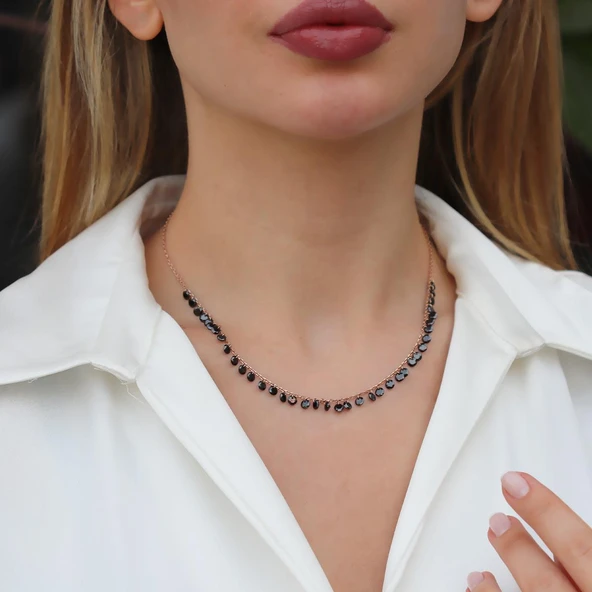 Sıra Siyah Zirkon Taş Rose Gold Kaplama Gümüş Kolye ürün görseli 1