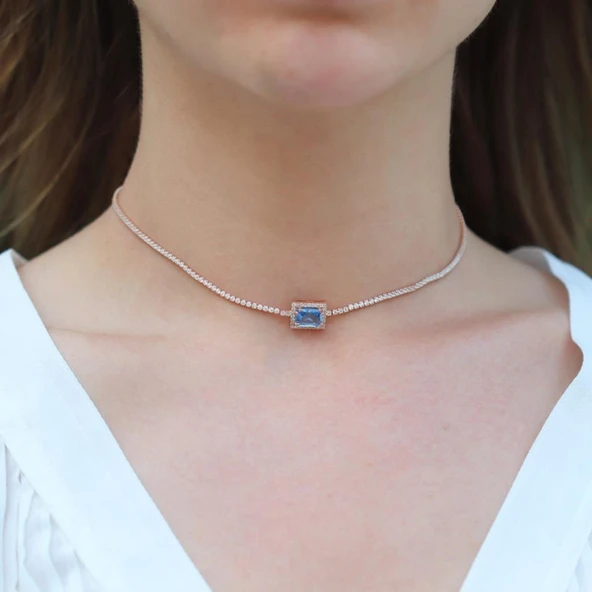 Aquamarin Taşlı Rose Gold Kaplama Choker Gümüş Kolye ürün görseli 1