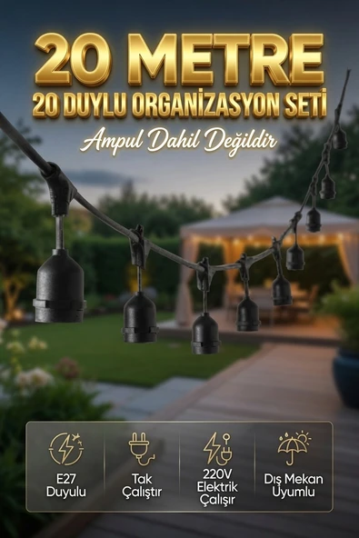 20 Metre 20 Duy Organizasyon Seti E27 Dış Mekan Uyumlu 220V Bahçe Teras Festoon Ampulsüz Işık Zinciri Tak Çalıştır ürün görseli 1