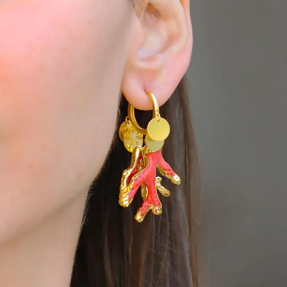 Mercan Modeli Pul Gold Gümüş Küpe - Resim 3