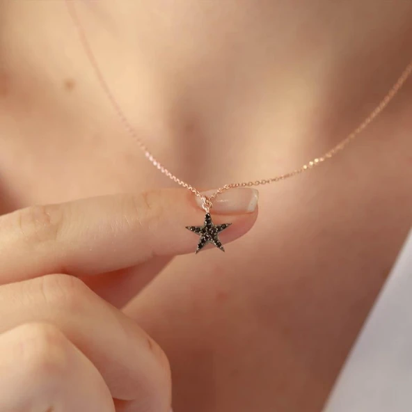 Mini Yıldız Siyah Zirkon Taşlı Rose Gold Kaplama Gümüş Kolye ürün görseli 1
