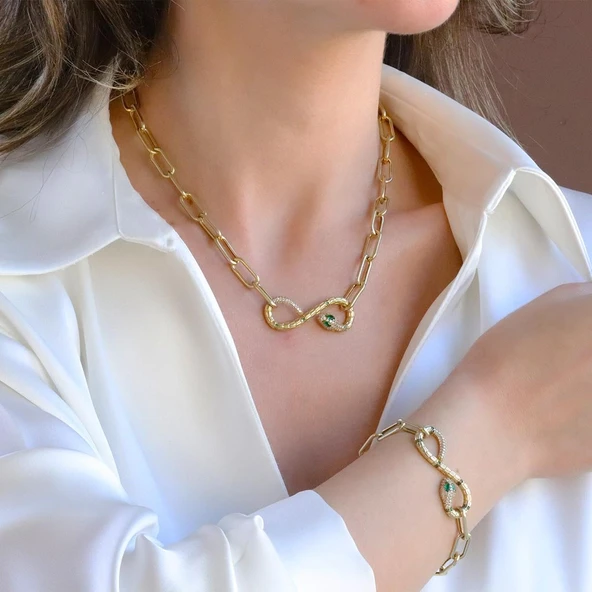 Yılan Sonsuzluk Modeli Gold Kaplama Zirkon Taşlı Set ürün görseli 1