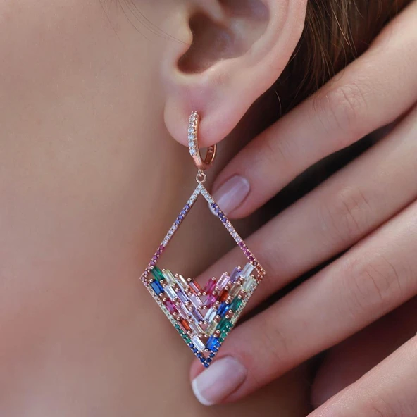Renkli Baget Taşlı Rose Gold Kaplama Gümüş Küpe ürün görseli 1