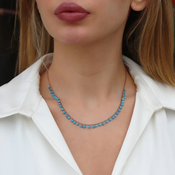 Sıra Turkuaz Taşlı Rose Gold Gümüş Kolye ürün görseli 1