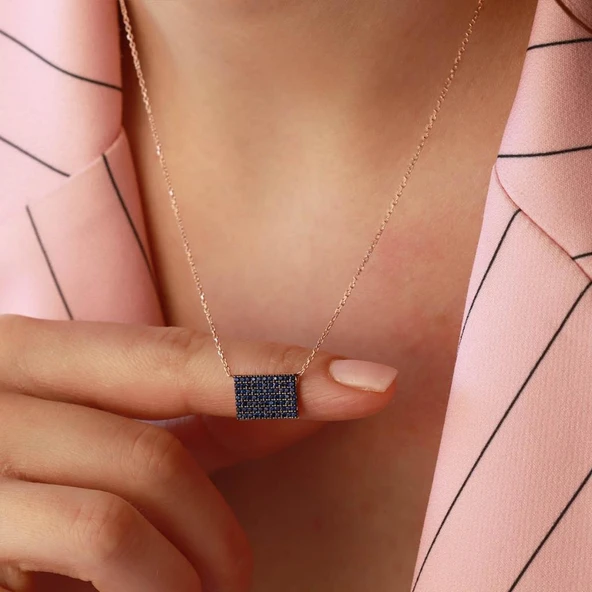Lacivert Zirkon Taşlı Rose Gold Kaplama Mini Dikdörtgen Gümüş Kolye ürün görseli 1