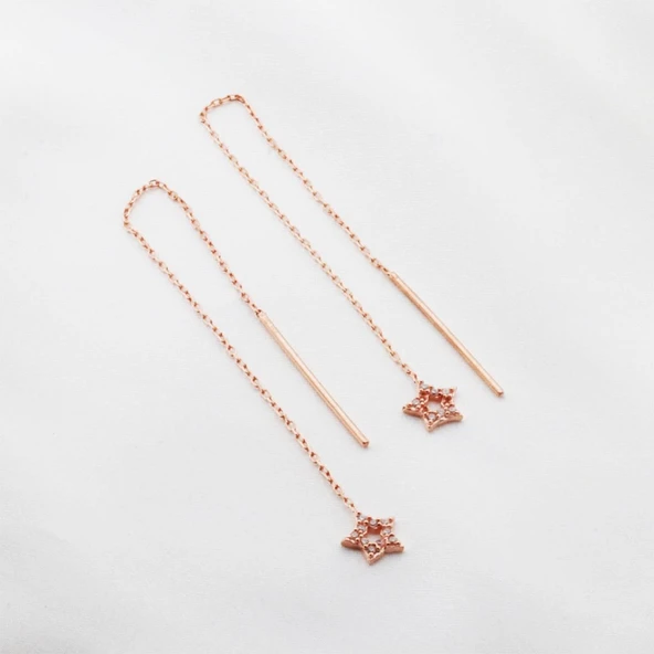 Yıldız Zirkon Taşlı Rose Gold Kaplama Gümüş Zincir Küpe ürün görseli 1