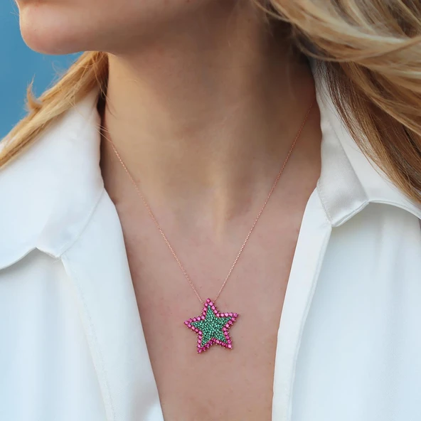 Renkli Zirkon Taşlı Alice Star Rose Gold Kaplama Gümüş Kolye ürün görseli 1