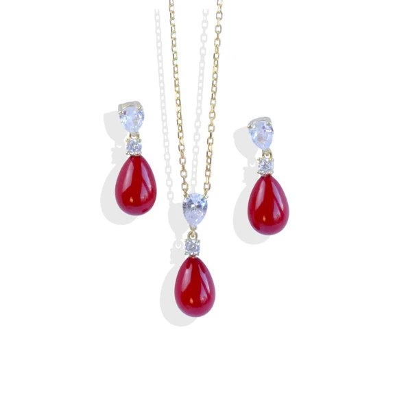 Mercan Taşlı Damla Gold Gümüş Set - Resim 4