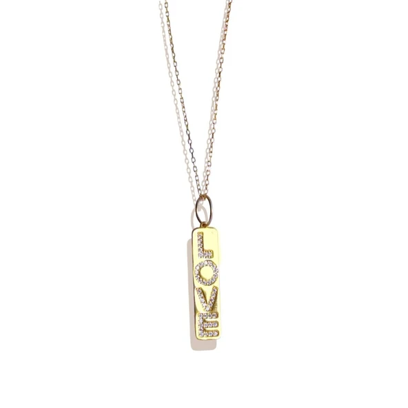 Love Taşlı Plaka Gold Gümüş Kolye - Resim 5