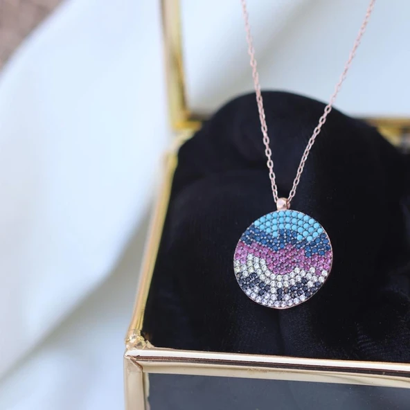 Renkli Zirkon Taşlı Yuvarlak Rose Gold Gümüş Kolye ürün görseli 1