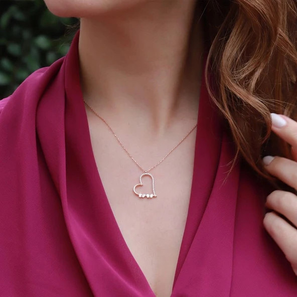 Baget Taşlı Kalpli Rose Gold Kaplama Gümüş Kolye ürün görseli 1
