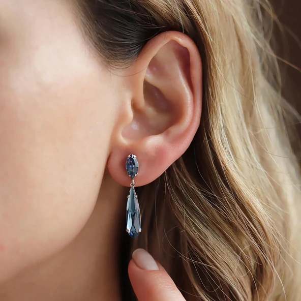 Mavi Swarovski Taşlı Su Damlası Gümüş Küpe ürün görseli 1