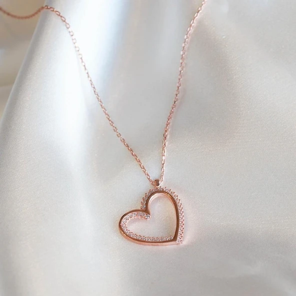Kalp Zirkon Taşlı Rose Gold Kaplama Gümüş Kolye ürün görseli 1