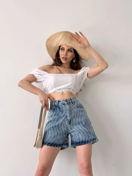 Paçası Püsküllü Desenli Denim Şort - Resim 4