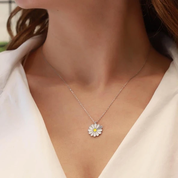Mine İşli Papatya Model Gümüş Kolye - Resim 3