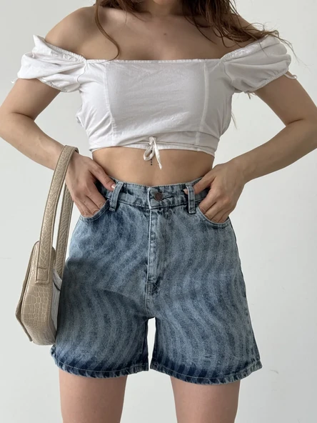 Paçası Püsküllü Desenli Denim Şort - Resim 2