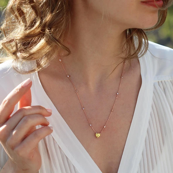 Sitrin Taşlı Rose Gold Kaplama Sevgili Kalp Gümüş Kolye ürün görseli 1