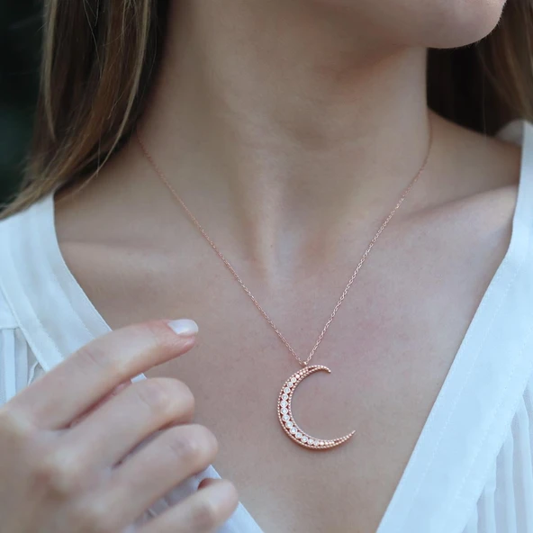 Zirkon Taşlı Rose Gold Kaplama Ay Gümüş Kolye ürün görseli 1