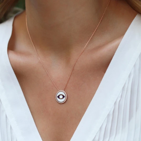 Zirkon Taşlı Mine İşli Göz Modeli Rose Gold Kaplama Gümüş Kolye ürün görseli 1