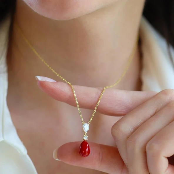 Mercan Taşlı Damla Gold Gümüş Set - Resim 3