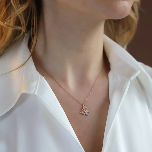 Mini Kelebek Renkli Zirkon Taşlı Rose Gold Kaplama Gümüş Kolye ürün görseli 1