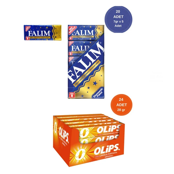 Falım (7gr x 5) x 20 - Olips (28gr x 24) Avantajlı Damla Sakız ve Limon&Portakallı Şekerleme Paketi ürün görseli 1