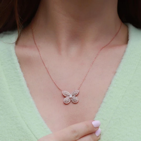 Kelebek Model Beyaz Zirkon Taşlı Rose Gold Kaplama Gümüş Kolye ürün görseli 1