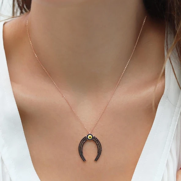 Şans Nalı Nazar Boncuklu Rose Gold Kaplama Gümüş Kolye ürün görseli 1