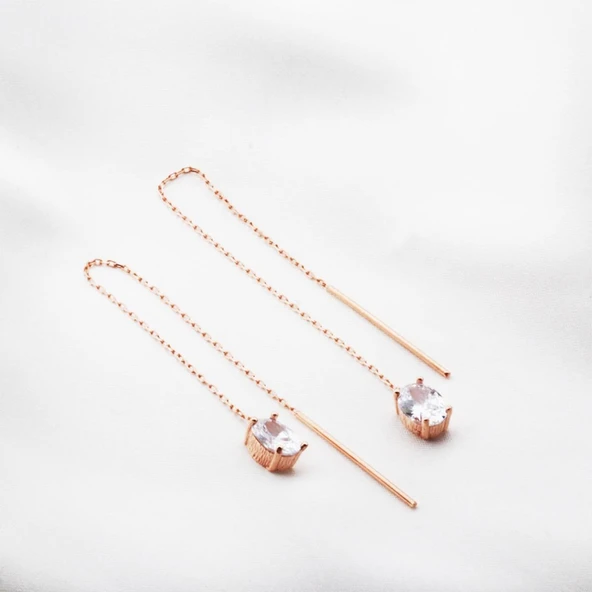 Oval Zirkon Taşlı Rose Gold Kaplama Gümüş Zincir Küpe ürün görseli 1
