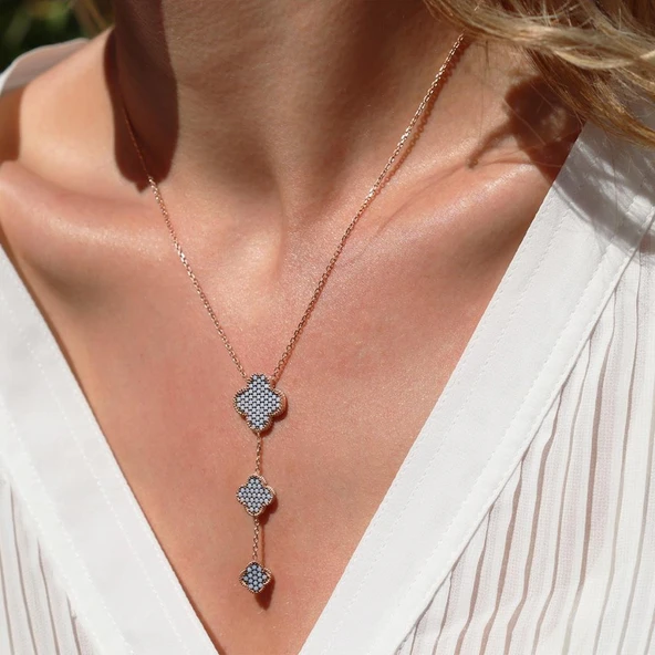 Zirkon Nano Taşlı Alhambra Yonca Rose Gold Kaplama Gümüş Kolye ürün görseli 1