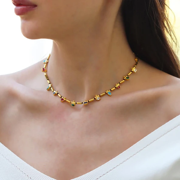 Mozaik Doğaltaşlı Gold Gümüş Kolye ürün görseli 1