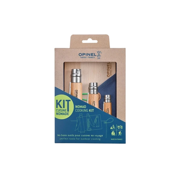Opinel Nomad Pişirme Seti N°10 Tirbuşonlu Çakı + N°12 Tırtıklı Bıçak + N°6 Soyucu + Kayın Kesme Tahtası + Mikrofiber Havlu ürün görseli 1