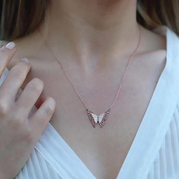 Kelebek Modeli Renkli Zirkon Taşlı Rose Gold Kaplama Gümüş Kolye ürün görseli 1