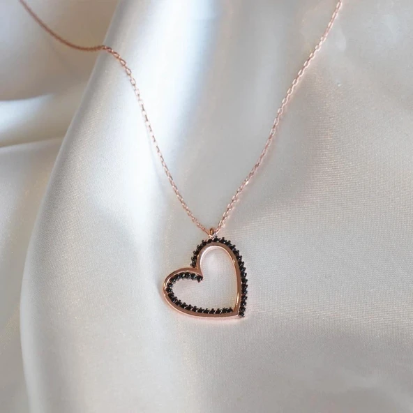 Kalp Siyah Zirkon Taşlı Rose Gold Kaplama Gümüş Kolye ürün görseli 1