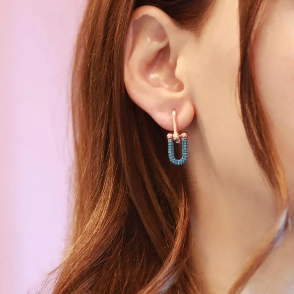 Turkuaz Taşlı Tif Model Rose Gold Kaplama Gümüş Küpe ürün görseli 1