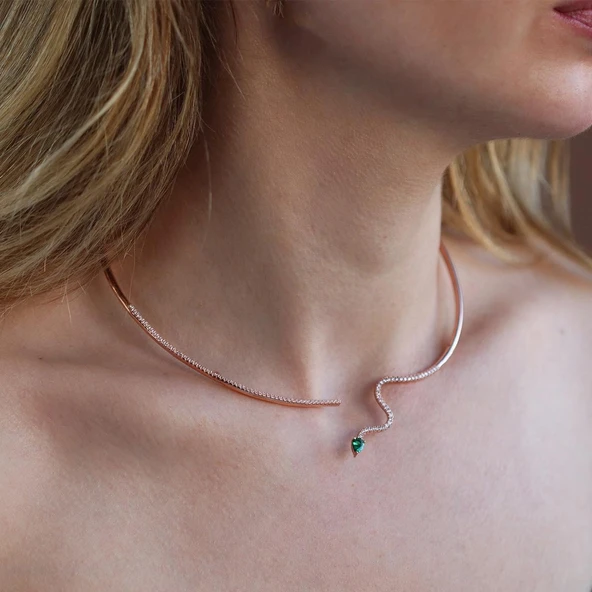 Yeşil Zirkon Taşlı Rose Gold Kaplama Serpent Choker Gümüş Kolye ürün görseli 1
