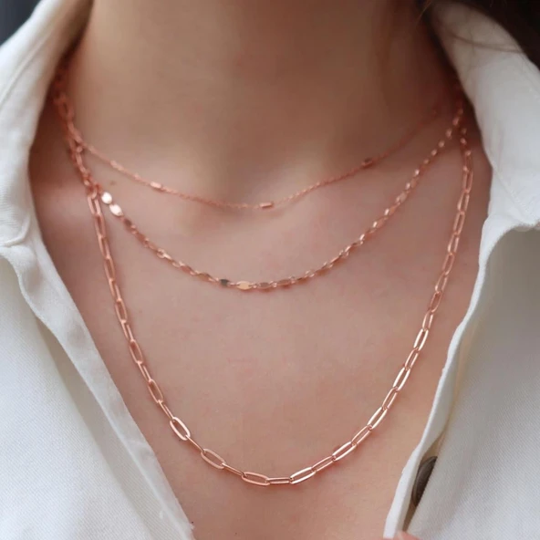İtalyan Modeli 3 Zincir Rose Gold Taşsız Trend Kolye ürün görseli 1