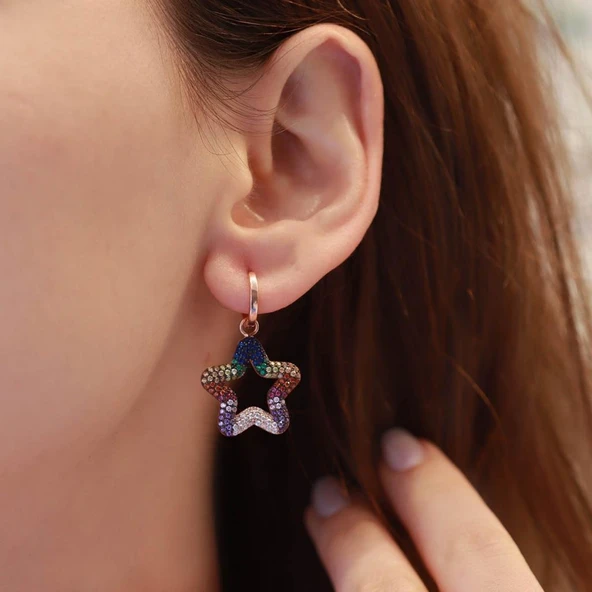 Renkli Zirkon Taşlı Rose Gold Kaplama Yıldız Gümüş Küpe ürün görseli 1