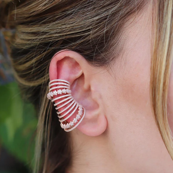 Ear Cuff Zirkon Taşlı Rose Gold Kaplama Çiçek Gümüş Küpe ürün görseli 1