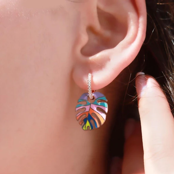 Rainbow Rose Gold Kaplama Mine İşli Yaprak Gümüş Küpe ürün görseli 1
