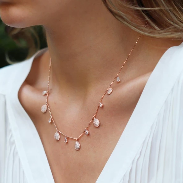 Damla Zirkon Taşlı Rose Gold Kaplama Gümüş Trend Kolye ürün görseli 1