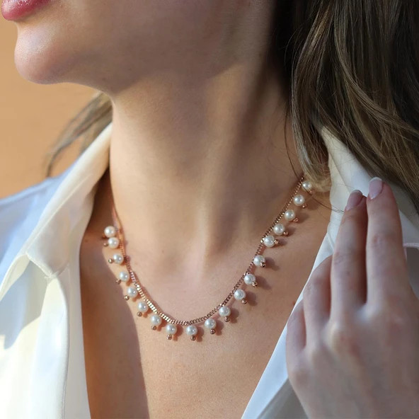 Sıra incili Rose Gold Trend Gümüş Kolye ürün görseli 1